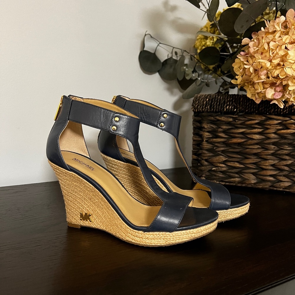 Michael Kors blue wedge sandals with MK gold detail,  gold zipper Woven heel 7